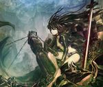 black_hair black_rock_shooter black_rock_shooter_(character) blue_eyes boots chain coat highres k2pudding long_hair navel shorts solo sword twintails weapon 