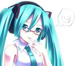 :p aqua_eyes aqua_hair bare_shoulders bespectacled face glasses hatsune_miku headphones inuga_anahoru long_hair looking_at_viewer necktie simple_background smile solo thought_bubble tongue tongue_out twintails vocaloid vocaloid_(lat-type_ver) 