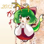  2012 antlers dragon_girl dragon_tail green_hair highres japanese_clothes miko monster_girl new_year original short_hair solo tail yellow_eyes yume_shokunin 