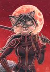  canine eye_patch eyewear female fox hair kacey mammal moon ninja red_eyes solo sword weapon 