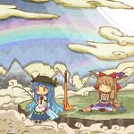  akihiyo blue_hair bow brown_hair chibi cloud fishing fishing_rod food fruit hair_bow hat hinanawi_tenshi holding holding_fishing_rod horn_ribbon horns ibuki_suika long_hair multiple_girls peach planted_sword planted_weapon rainbow red_eyes ribbon sitting skirt smile sword sword_of_hisou touhou very_long_hair weapon 