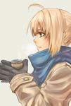  ahoge artoria_pendragon_(all) asayu bad_id bad_pixiv_id black_gloves blonde_hair blue_scarf breath can coat fate/stay_night fate_(series) gloves green_eyes profile saber scarf solo 