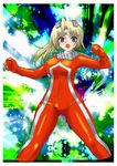  arai_kojiro blonde_hair border breasts clenched_hands fighting_stance genderswap green_eyes highres large_breasts long_hair open_mouth personification solo tokusatsu ultra_series ultra_seven ultra_seven_(series) windowboxed 
