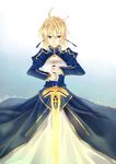  ahoge artoria_pendragon_(all) blonde_hair dress excalibur fate/stay_night fate_(series) green_eyes hair_ribbon hand_on_hilt hands_on_hilt ribbon saber solo sword toshiroo_(kaleidoscope) weapon 