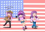  alternate_costume alternate_hairstyle american_flag bangs belt belt_buckle blunt_bangs boots buckle chibi commentary cowboy_boots cowboy_hat crescent crop_top cutoffs flag_background freckles hat hobby_horse inline_skates lasso long_hair midriff morisoba_(silent_hill) neckerchief pants patchouli_knowledge ponytail purple_eyes purple_hair roller_skates shoes shorts skates sneakers touhou tray vest visor_cap western 