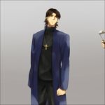  amakura_(am_as) brown_hair cross fate/stay_night fate/zero fate_(series) grey_background jewelry kotomine_kirei long_coat male_focus necklace simple_background 