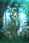  absurdres akali black_hair breasts commentary dappled_sunlight forest grass green highres kama_(weapon) league_of_legends mask medium_breasts nature ninja oldlim outdoors ponytail sickle sideboob solo sunlight thighhighs weapon 