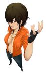  bad_id bad_pixiv_id breasts brown_hair cosplay dutch_angle fingerless_gloves gloves hair_over_one_eye highres jewelry kazama_asuka large_breasts lips miguel_caballero_rojo moku. navel necklace no_bra open_clothes open_shirt shirt short_hair sleeves_rolled_up solo tekken 