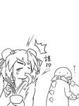  1girl animal_costume chopsticks cup double_bun food futa_(nabezoko) gachapin greyscale hirake!_ponkikki ibaraki_kasen mochi monochrome surprised touhou translation_request wagashi 