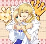  1girl ahoge artoria_pendragon_(all) blonde_hair blue_eyes character_name couple english fate/stay_night fate_(series) gilgamesh heart heart_hands heart_hands_duo hetero hug hug_from_behind jewelry necklace open_mouth red_eyes saber short_hair shuryougospel13 smile 