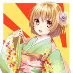  aki_minoriko alternate_costume bad_id bad_pixiv_id blonde_hair blush flower hair_flower hair_ornament japanese_clothes kimono leaf_print macedonian_flag obi orange_eyes sash short_hair solo sunburst touhou upper_body yutazou 