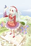  arm_up bug butterfly dress highres insect long_hair original puracotte red_eyes silver_hair solo 
