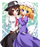  belt blonde_hair blue_eyes bow brown_eyes brown_hair creta_(taku10) dress_shirt hat highres maribel_hearn multiple_girls necktie open_mouth red_eyes ribbon shirt short_hair skirt smile touhou usami_renko 