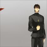 amakura_(am_as) brown_hair cross fate/stay_night fate/zero fate_(series) food grey_background jewelry kotomine_kirei male_focus mapo_doufu necklace simple_background 