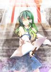  bad_id bad_pixiv_id blush breasts detached_sleeves gohei green_eyes green_hair hair_ornament hair_tubes kazuki_shino kochiya_sanae light_rays long_hair medium_breasts one_eye_closed open_mouth skirt smile snake solo sunbeam sunlight torii touhou 