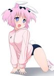  1girl all_fours animal_ears blue_eyes blush bow breasts bunny_ears bunny_tail buruma commentary_request hair_bow hibari_(senran_kagura) jacket large_breasts murata_denji open_mouth pink_hair senran_kagura senran_kagura_shoujo-tachi_no_shin'ei short_hair short_twintails smile solo symbol-shaped_pupils tail track_jacket twintails 
