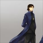  amakura_(am_as) brown_hair closed_eyes cross fate/stay_night fate/zero fate_(series) grey_background jewelry kotomine_kirei long_coat male_focus necklace simple_background smile solo 