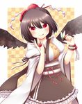  :p adapted_costume bad_id bad_pixiv_id black_hair black_wings blush flower hair_flower hair_ornament hat japanese_clothes jewelry kimono looking_at_viewer obi red_eyes ring sanotsuki sash shameimaru_aya short_hair shuttlecock skirt smile solo tokin_hat tongue tongue_out touhou wings 