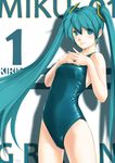  competition_swimsuit green_eyes green_hair hatsune_miku kirin404 long_hair one-piece_swimsuit solo swimsuit twintails vocaloid 