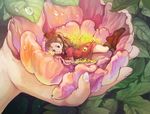  arrietty boots brown_hair clothes_pin dress fingernails flower hands holding in_palm karigurashi_no_arrietty leaf lying minigirl on_flower ponytail red_skirt saya_(mychristian2) scared short_dress skirt water_drop 