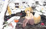  animal_ears barefoot blonde_hair blue_eyes day feet flower food fox fox_ears fox_tail fruit highres long_hair nude onsen original outdoors paprika_shikiso partially_submerged persimmon ripples sitting snow solo stone_lantern tail water 