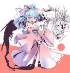  arrow blue_eyes blue_hair brush choker culter dragon dress hair_ribbon hamaya japanese_clothes kimono long_hair long_sleeves obi off_shoulder open_mouth original pink_dress ponytail ribbon ribbon_choker sash smile solo 