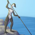  2012 ambiguous_gender anthro avian beak bird black_beak clothing digital_drawing_(artwork) digital_media_(artwork) goose holding_object loincloth nene_(bird) rock saucy sea signature spearfishing water webbed_feet 