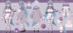  1girl @_@ absurdres animal_collar antenna_hair apron aran_sweater ass ass_visible_through_thighs ayaoshiro black_footwear black_gloves blush body_blush breasts cable_knit cardigan cat_tail character_name collar colored_inner_hair commentary cup elbow_gloves english_commentary english_text flying_sweatdrops frilled_apron frilled_sleeves frills furrowed_brow garter_belt garter_straps gloves grey_background grey_sweater groin hair_flaps hair_over_one_eye hairband highres holding indie_virtual_youtuber juliet_sleeves large_breasts long_hair long_sleeves looking_at_viewer maid maid_headdress mary_janes menace_mamaki mug multicolored_hair multiple_views mushroom off-shoulder_sweater off_shoulder open_cardigan open_clothes open_mouth outline panties pink_liquid puffy_sleeves purple_eyes reference_sheet see-through shoes short_sleeves side-tie_panties spill standing striped_background striped_clothes striped_panties striped_thighhighs sweat sweater tail thighhighs tray underwear very_long_hair virtual_youtuber waist_apron white_apron white_outline wide_sleeves wrist_cuffs 