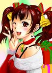  bell blush breasts brown_eyes brown_hair choker christmas covered_nipples earrings fur_trim hair_bell hair_ornament jewelry ling_xiaoyu one_eye_closed open_mouth panda santa_costume short_twintails small_breasts solo tekken twintails upper_body 