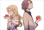  1girl apple blonde_hair blue_eyes border bracelet closed_eyes dress food fruit glasses holding holding_food holding_fruit jacket jewelry long_hair mamefuku mawaru_penguindrum purple_hair short_hair simple_background tabuki_keiju tokikago_yuri 