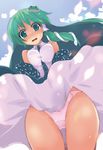  bad_id bad_pixiv_id blush breasts detached_sleeves embarrassed frog green_eyes green_hair highres kochiya_sanae long_hair medium_breasts naotaka panties skirt skirt_tug snake solo thighs touhou underwear upskirt white_panties wind wind_lift 