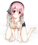  2012 all_fours bad_id bad_pixiv_id barefoot breasts cleavage denim denim_shorts dress_shirt headphones highres large_breasts long_hair masamuuu new_year nitroplus pink_eyes pink_hair shirt shorts solo super_sonico 