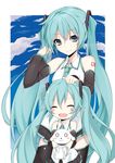  :3 :d ^_^ aqua_hair bad_id bad_pixiv_id blue_eyes blush_stickers chibi_miku closed_eyes cloud detached_sleeves dog fang hamo_(dog) happy hatsune_miku holding long_hair multiple_girls necktie o_o open_mouth petting skirt sky smile soburi thighhighs twintails very_long_hair vocaloid younger 