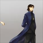  amakura_(am_as) brown_hair cross fate/stay_night fate/zero fate_(series) grey_background jewelry kotomine_kirei long_coat male_focus necklace reaching simple_background solo 