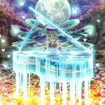  closed_eyes detached_sleeves floating_hair flower full_moon grand_piano green_hair hatsune_miku highres instrument k2pudding long_hair moon necktie piano see-through solo sparkle twintails very_long_hair vocaloid water 