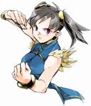  bangle bare_shoulders black_hair bracelet breasts china_dress chinese_clothes dress fighting_stance fur_trim jewelry large_breasts ling_xiaoyu purple_eyes short_twintails solo tekken twintails upper_body 