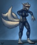  anthro arche_kruz barefoot big_breasts bodysuit breasts camel_toe canine clothing crossgender female fox implied_transformation invalid_tag mammal matthew_silvermane multi_tail nipple_bulge rubber scared skinsuit snout solo standing suit tight_clothing 