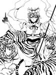  ann606 bishamonten's_pagoda greyscale monochrome simple_background smile solo tegaki tiger toramaru_shou touhou 