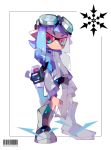  1girl amakusa_(hidorozoa) artist_name bangs barcode bike_shorts blue_hair blunt_bangs boots closed_mouth commentary_request domino_mask goggles goggles_on_head grey_jacket inkling jacket long_sleeves looking_at_viewer mask pink_eyes simple_background solo splatoon splatoon_(series) splatoon_1 standing white_background 
