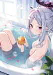  1girl bathing bathtub black_horns blue_archive blurry blurry_foreground blush breasts bubble closed_mouth commentary_request completely_nude day demon_girl demon_horns diffraction_spikes expressionless flower grey_hair halo highres hina_(blue_archive) horns in_palms indoors knees_up looking_at_viewer nude parted_bangs partially_submerged plant purple_eyes red_flower rubber_duck sitting small_breasts solo steam sunlight water wet window yon_(letter) 