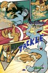 2024 5_panel_comic absurd_res ambiguous_gender attack biped black_eyes black_nose blue_body blue_text brown_body brown_hair clenched_teeth clothing comic day digital_media_(artwork) duo eevee english_text exclamation_point eyebrows eyes_closed feral fight fluffy fluffy_tail fur gameplay_mechanics generation_1_pokemon gui hair hat headgear headwear health_bar hi_res humanoid kick level looking_at_another machop male_(lore) midair motion_lines mouth_closed neck_tuft nintendo one_eye_closed open_mouth outside page_number pawpads paws plant pokemon pokemon_(species) pokemon_mystery_dungeon quadruped red_eyes sand sharp_teeth shrub sound_effects spike_chunsoft tackle tail teeth text tongue toony translucent translucent_hair tree tuft virmir virmir_(character) wearing_hat white_sclera white_text