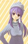  asupara clannad fujibayashi_kyou hat highres long_hair purple_eyes purple_hair smile solo sweater 