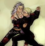  1girl blonde_hair blue_eyes breasts couple dancing dorohedoro formal glasses grey_hair height_difference hetero holding_hands medium_breasts midriff noi_(dorohedoro) red_eyes shin_(dorohedoro) silver_hair smile stitches suit sweat tall 