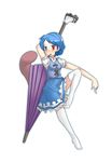  blue_eyes blue_hair borisx heterochromia highres karakasa_obake purple_umbrella red_eyes short_hair solo tatara_kogasa thighhighs tongue touhou umbrella white_legwear zettai_ryouiki 