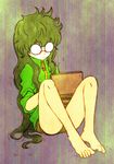  557kaktte barefoot computer glasses green_hair highres laptop legs long_hair messy_hair opaque_glasses radirgy shorts sleeves_rolled_up solo tadayo_aita 