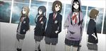  akiyama_mio hand_in_pocket highres hirasawa_yui hood hoodie k-on! kotobuki_tsumugi kurage multiple_girls nakano_azusa necktie no_thank_you! plaid plaid_skirt school_uniform skirt spray_paint sweater_vest tainaka_ritsu third-party_edit twintails wallpaper 