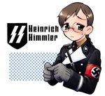  blush braid brown_hair character_name genderswap genderswap_(mtf) glasses gloves hayami_rasenjin heinrich_luitpold_himmler long_hair military military_uniform nazi original politician polka_dot polka_dot_background real_life real_life_insert sigrunen solo ss_insignia swastika sweatdrop uniform upper_body waffen-ss what world_war_ii 