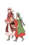  2girls amir_halgal basket black_hair boots braid braided_ponytail bread brown_eyes dress duplicate food green_boots green_eyes green_shoes haengseong33 hat highres holding holding_basket kazakh_clothes korean_commentary long_braid long_hair looking_at_another multiple_girls otoyomegatari pariya red_dress shoes uzbek_clothes very_long_hair 