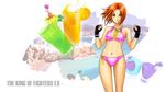  bikini breasts brown_eyes brown_hair cleavage drink fingerless_gloves gloves medium_breasts moe_habana navel navel_piercing orange_hair piercing short_hair solo striped striped_bikini striped_swimsuit swimsuit the_king_of_fighters yan_fei_toketsu 