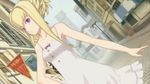  ar_tonelico ar_tonelico_iii bare_shoulders blonde_hair bow dress dutch_angle frown game_cg hair_up long_hair nagi_ryou purple_eyes sakia-rumei solo sundress town 